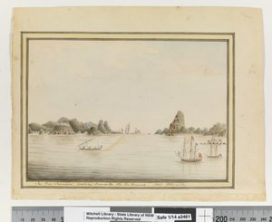 追記：P.36。リオ・ジャネイロにて、入り口の方を見る。1787」（請求記号：ML Safe 1/14 o）、1802年頃（水彩画 作： William Bradley