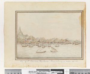P.37をご覧ください。リオジャネイロ、セント・セバスティアンズの街。シリウスと停泊中のコンボイ。1787」（請求記号：ML Safe 1/14 o）1802年頃（水彩画 作： William Bradley