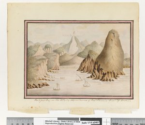 P.38に掲載されています。ブラジルのリオジャネイロ海岸の入り口の西側にある要塞化された湾」1802年頃（水彩画）。 作： William Bradley