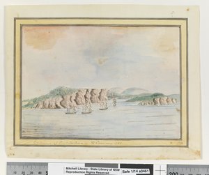 追記：65ページ。1788年1月27日ポート・ジャクソンの入り口」1802年頃（水彩画 作： William Bradley