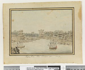 Opp.P.84に掲載されています。シドニー・コーブ、ポート・ジャクソン。1788年」1802年頃（水彩画 作： William Bradley