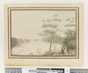 追記：90ページ。ニュー・サウス・ウェールズ州ブロークン・ベイの眺め。1788年3月」、1802年頃（水彩画 作： William Bradley