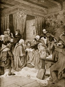 1932年頃の「ハッチンソンのイギリス国民の物語」からのチャーター、1329年のイラストを授与したロバートブルース 作： William Brassey Hole