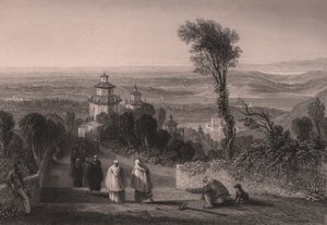 イタリア、ロンバルディア州ヴァレーゼのサクロモンテ（聖山）からの眺め、ウィリアム・ブロックドン（1787-1854）の図面からT・ウィルモアがスチール・エングレーヴィング、約23x18cm。 作： William Brockedon