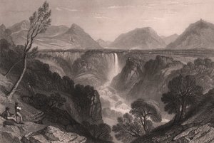 イタリア、ウンブリア州、テルニ近郊のマルモアの滝（Cascata delle Marmore）の眺め、ウィリアム・ブロッケドン（1787-1854）のデッサンをもとにジェームズ・ティビッツ・ウィルモア（1800-1863）がスチール・エングレーヴィング、23x18.5cm前後。 作： William Brockedon