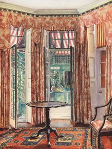 室内装飾：赤を基調としたロンドンの部屋（カラーリトグラフ） 作： William Bruce Ellis Ranken