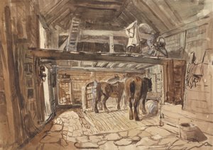 牽引馬が餌をやる厩舎の内部 作： William Burgess