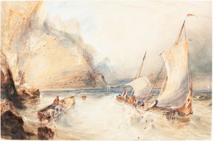 岩の多い海岸沖のフランス漁船 作： William Callow