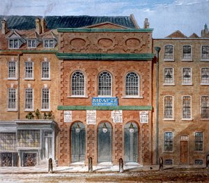 1789年、ロンドン、ウェストミンスターのヘイマーケットにある最初のオペラハウス、キングスシアター 作： William Capon