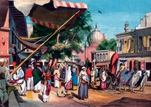 1857年、インドのデリーにあるジャミマスジッドの裏にある通り。 作： William Carpenter