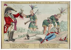 人道主義のイギリス人とその価値ある同盟国、パブによって実践されたフロンティアのシーン。 1812（手描きの彫刻） 作： William Charles