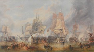 トラファルガーの戦い、1805 年 10 月 21 日（キャンバスに油彩） 作： William Clarkson (manner of) Stanfield