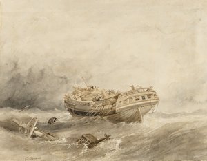 嵐の後の静けさの中で脱線する商船。クラークソン・スタンフィールド（1793-1867）による水彩画（34.4x44.5cm） 作： William Clarkson Stanfield