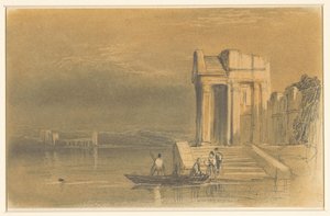 イタリアの風景の中の湖にある寺院の遺跡 作： Clarkson Frederick Stanfield