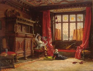 暗い内部のキャバリアー、彼の剣に鳥、1843 作： William Collingwood
