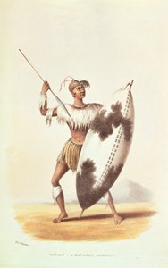 1841年のWCハリスによる「南アフリカのワイルドスポーツ」のイラスト、マタビリの戦士、リンガップ 作： William Cornwallis Harris