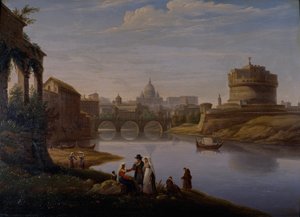 サン・ピエトロ寺院とポンテ、サンタンジェロ城のあるローマの風景 作： William Cowen