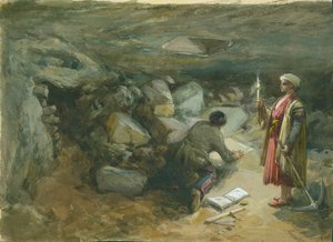 1871年エルサレムのロビンソンズアーチの下のロックカットの水槽（紙と鉛筆）