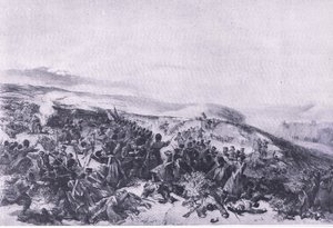 ガードの2回目の突撃、インカーマンの戦いで2つの砲台を取り戻したときのイラスト、1915年の陸と海でのイギリスの戦い 作： William Crimea Simpson
