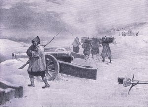 セバストポリの前のズアベスの歩哨、イギリス海と陸の戦いのイラスト、1915 作： William Crimea Simpson