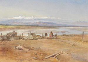 チェナブ川、パンジャブ州、1865年（紙とガッシュ紙） 作： William Crimea Simpson