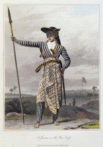 トーマス・スタンフォード・ラッフルズ（1781-1826）の『ジャワ島の歴史』第1巻より、戦装束をまとったジャワ人、pl.5。1817年（カラー・アクアチント）。