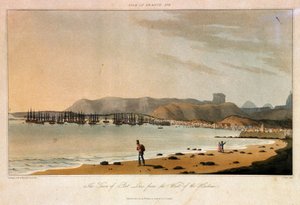 港の西からポートルイスの街を見たイル・ド・フランス（モーリシャス）。カラー・エッチング 作： William Daniell
