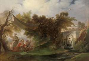 ストリームの近くの人物とインドの風景（キャンバスに油彩） 作： William Daniell