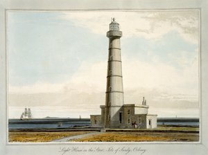 ライトハウスオンザスタート、オークニー、サンディ島、「イギリスを巡る航海1814年から1825年にかけて」、1821年発行 作： William Daniell