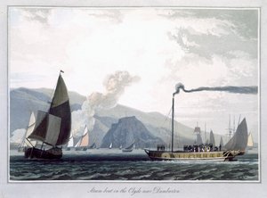 ダンバートン近くのクライド川に浮かぶ蒸気船」、スコットランド、1829年