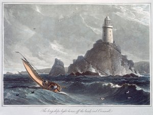 コーンウォール、ランズエンド沖のロングシップス灯台」1814年 作： William Daniell