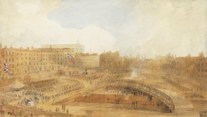 1808 年 12 月 31 日、コヴェント ガーデンのシアター ロイヤルの基礎石を敷設するプリンス オブ ウェールズ (鉛筆、ペン、茶色のインク、ボディカラーのタッチで強調された水彩画、スクラッチ アウト) 作： William Daniell