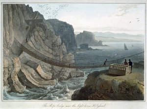 ホリーヘッドの灯台の近くのロープ・ブリッジ」、ウェールズのアングルシー、1829年 作： William Daniell