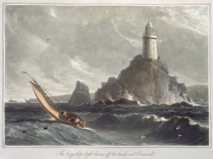 ランズエンドのロングシップ灯台、コーンウォール、1814年から1825年に発行された「イギリスを巡る航海」のボリュームIから1814年に発行（アクアチント） 作： William Daniell