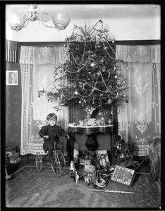 シーモア少年は、パーラーでクリスマスツリーの横にある三輪車に座ってポーズをとった、1912年のクリスマス 作： William Davis Hassler