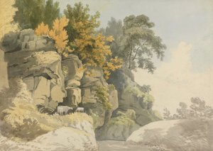 小川のそばの木が茂った岩 (ダービーシャー?) 作： William Day