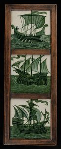 フルセイルの船のタイルパネル、フレーム、1865〜80年頃（セラミック） 作： William de Morgan