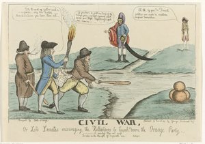 オランダ内戦に関する英語の風刺漫画、1787 年 内戦、またはオランダ人にオレンジ党を倒すように勧めるルナティック卿 (オブジェクトのタイトル) 作： William Dent