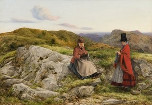 二人の女性が編み物をしているウェールズの風景」1860年 作： William Dyce