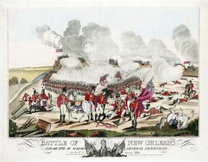 ニューオーリンズの戦いと1815年1月8日のパッケナム少将の死、pub.1815年（彩色済み彫刻 作： William Edward (after) West