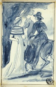18世紀後半のドレスを着た2人の女性（1人は馬に乗っている） 作： William Edward Frost