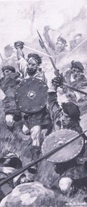 キリークランキーの戦いでのハイランダーズ、イギリスの陸と海での戦い、1915年のイラスト 作： William Edward Stott
