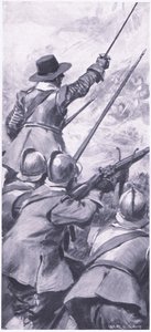キリークランキーの戦いでのローランダーズ、イギリスと陸海の戦いのイラスト、1915 作： William Edward Stott