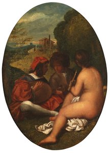ティツィアーノ後の牧歌的なコンサート（キャンバスに油彩をパネルに置いた） 作： William Etty