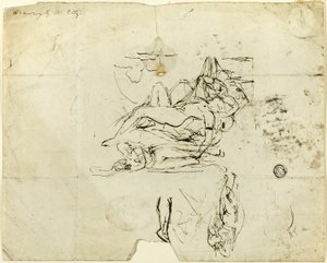 横たわる女性のヌードと好色なカップルのスケッチ 作： William Etty