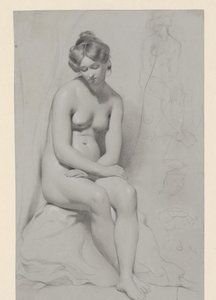 高いヘアカットで座っている裸の女性モデル、その隣に再びスケッチ 作： William Etty