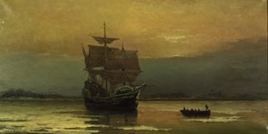 プリマス港に到着したメイフラワー号、1882年。 作： William Formby Halsall