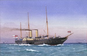 蒸気全開で帆をたたみ、海上に浮かぶ王室ヨット「オズボーン」（1870年）。水彩画 作： William Frederick Mitchell