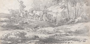 人物と牛のある風景 作： William Frederick Wells