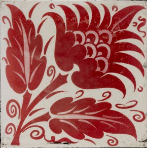 様式化された花に2つの葉と蔓が付いたタイル、1882-1888年 作： William Frend De Morgan